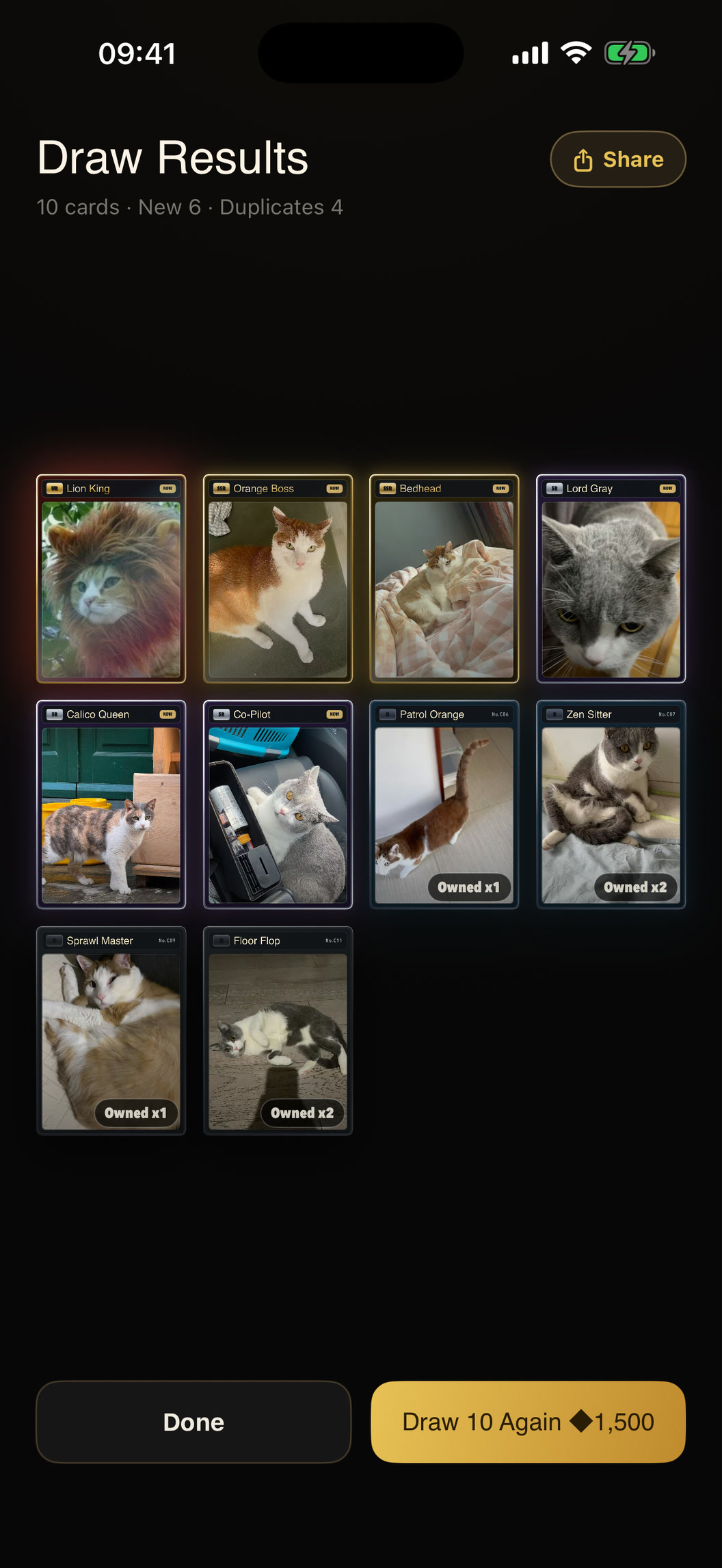 Kaxiu Draw Results screen with ten fantasy cards