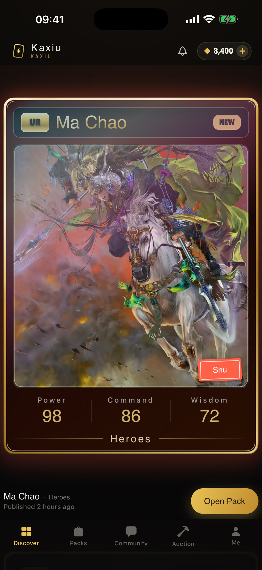 Kaxiu Discover screen featuring the Ma Chao card